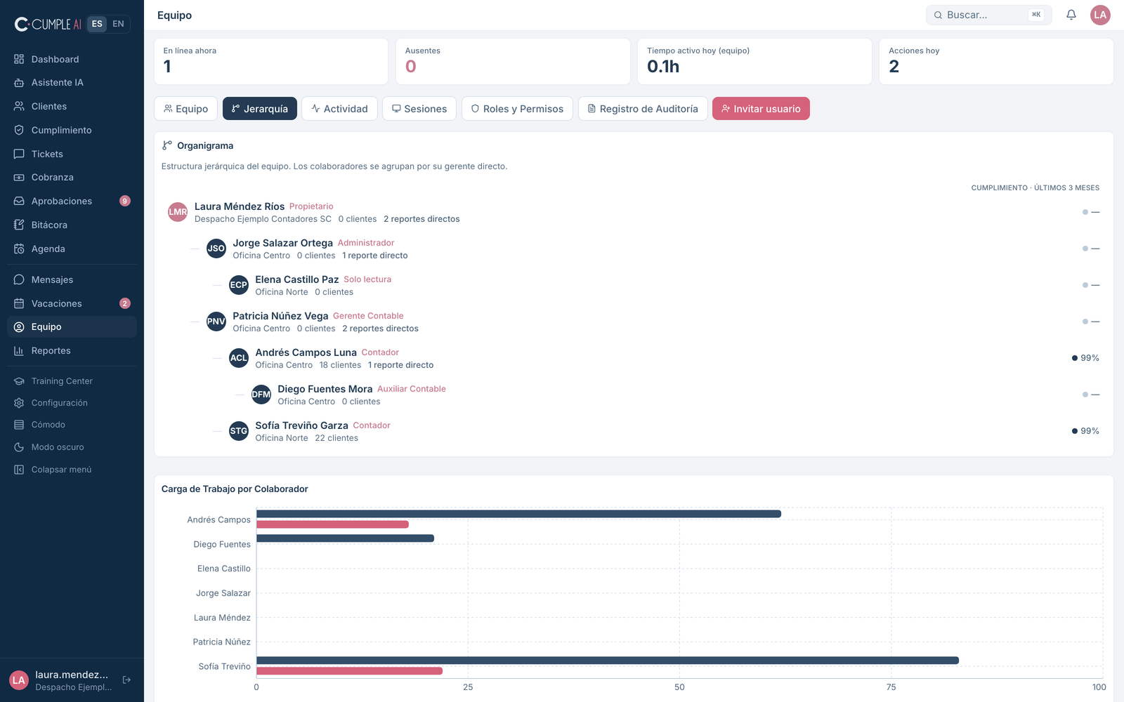 Organigrama del despacho con reportes directos, clientes por contador y carga de trabajo