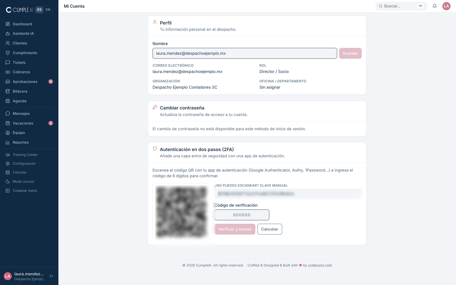 Mi cuenta: activación de autenticación en dos pasos (2FA) con app de autenticación